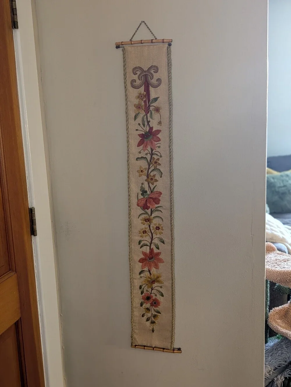 Vintage 70s Floral Crewel Embroidery Bell Pull 50